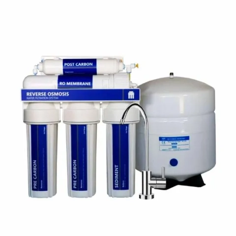 Novaline Premier Elite 5-stage reverse osmosis system with storage tank and dedicated faucet.