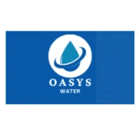 Oasys Water logo featuring a white circular graphic with a teal water droplet and an encircling swoosh, paired with bold white typography on a royal blue background