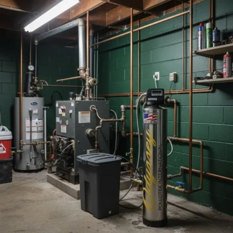 Pollotek International Odyssey water softener with a stainless steel tank and digital control head.