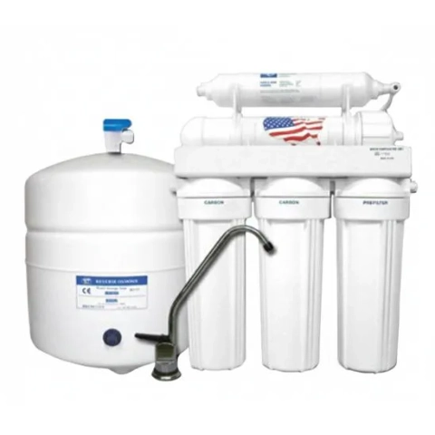 Under-counter reverse osmosis system by Ohio Valley Pure Water, with filters, storage tank, and faucet.