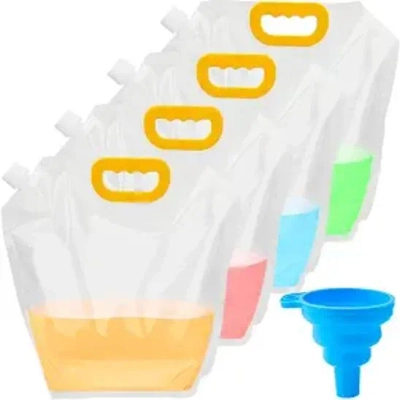 : Omoojee clear liquid storage containers featuring ergonomic carrying handles