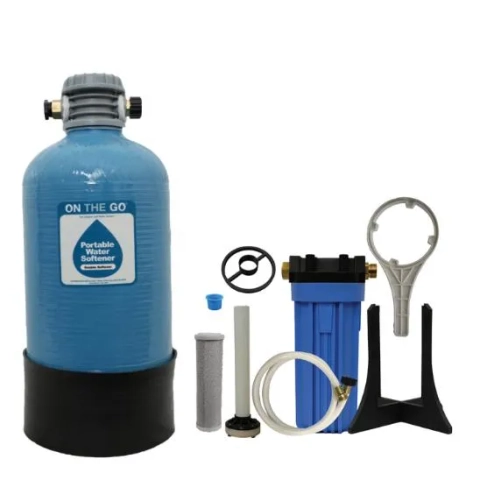On The Go portable softener tank, blue pre-filter, wrench, hose, and stand for hard water.