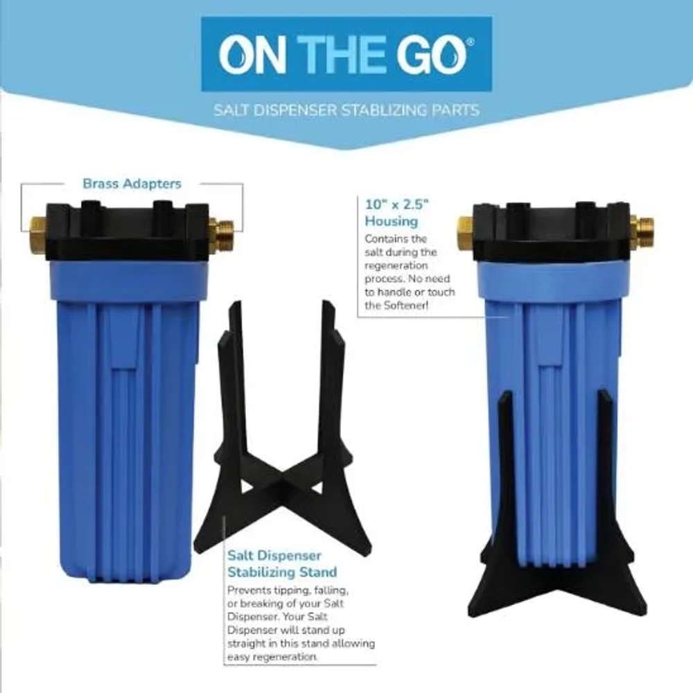 Close-up of ON THE GO salt dispenser for regeneration, highlighting the 10" housing and stand.