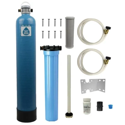 On The Go portable water softener, blue housing, two hoses, filter cartridge, and mounting hardware.