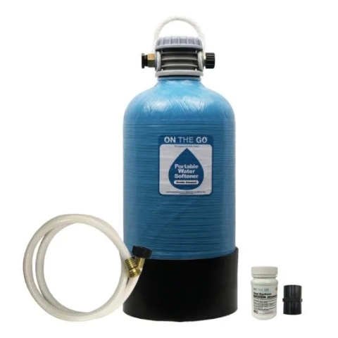 Blue portable water softening system by ON THE GO, hose with brass fittings, and salt container.
