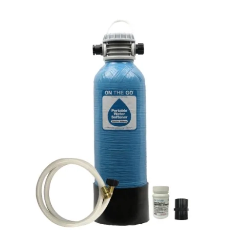 ON THE GO portable water softener tank shown with softening agent and connection adapters on white.