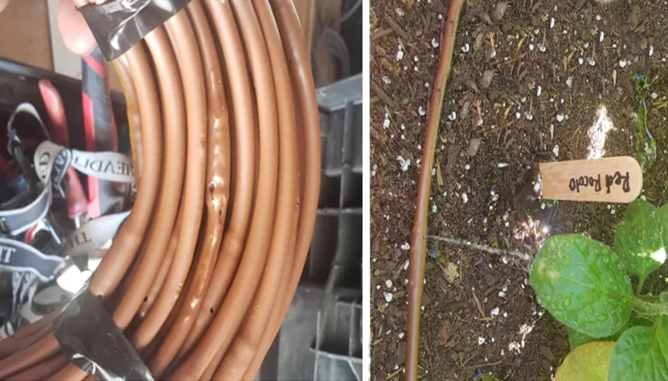 One Stopdrip tubing was delivered damaged, some parts were melted (Left) Leaking issue due to poor quality (Right)