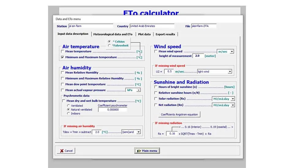 ETo Calculator Output data window: Calculation results and export options.