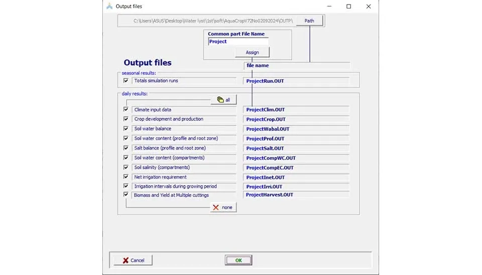 AquaCrop software interface showing the "Output File Save" window, where users can save simulation results as text files for further analysis and review.