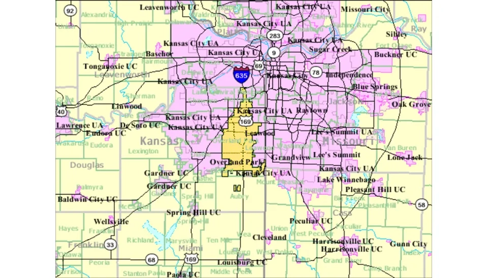 Map of the United States of America highlighting the location of Overland Park, Kansas.