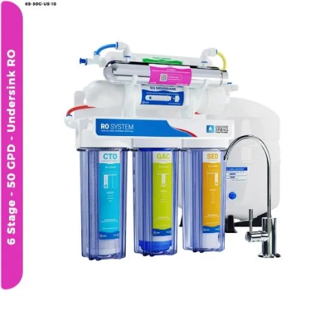 Residential 6-stage RO system by Ozone Spring Dubai featuring a 50 GPD water filtration capacity