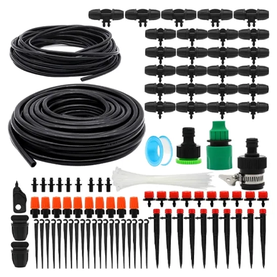 PETUOL Drip Irrigation Kits include irrigation tubes, drip tips, connectors, hose sockets, pipe seal tape, and a puncher.