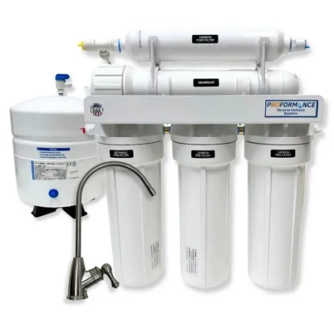 PROformance Reverse Osmosis System, five-stage unit featuring white filters, storage tank, and chrome faucet.