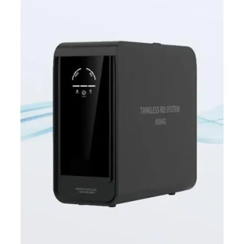 Paragon tankless RO system 600G showing a sleek black design with an electronic display screen.
