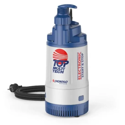 High-efficiency Pedrollo TOP MULTI-TECH clean water submersible utility pump with blue base filter.