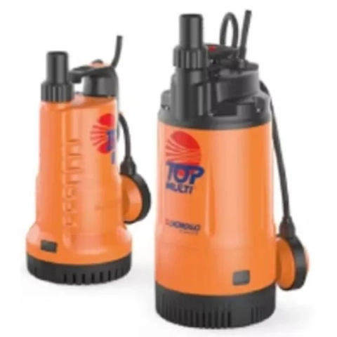 High-efficiency Pedrollo TOP MULTI multistage automatic submersible utility pump with a blue handle.