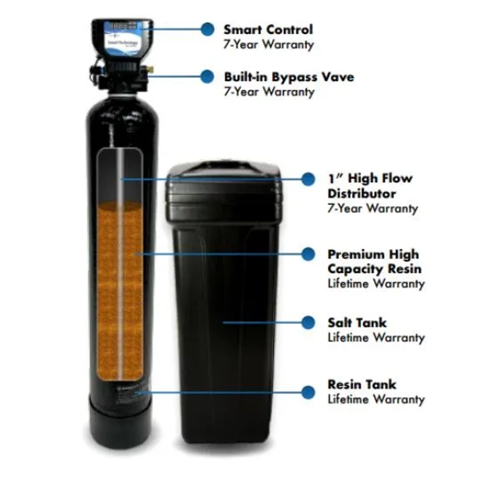 BoweClean Water Filtration Penguin Water Softener with lifetime warranty on resin and salt tanks.