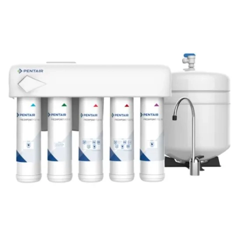 Under-sink Pentair FreshPoint RO system with color-coded cartridges for 75 GPD water purification.