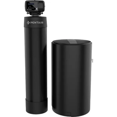 Full view of black Pentair Whole House Water Softener with digital meter and salt tank.