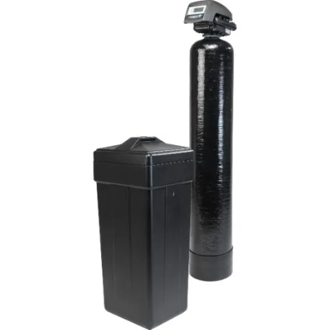 All-black Pentair 100 Series Water Softener with digital control and brine tank.
