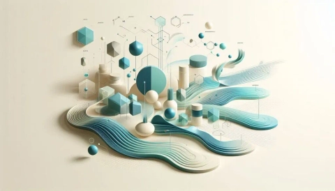 Abstract visualization of pharmaceutical wastewater treatment, depicting molecular shapes and flowing water.