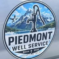Piedmont Well Service circular logo featuring a mountain and lake landscape with a hand water pump icon, a flying goose, and a banner reading "PIEDMONT WELL SERVICE Since 2025 Carroll County, MD"