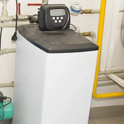 PlumbCrazy water softener.png showing a compact, all-in-one cabinet style water softener with a sleek white composite outer shell and a protective black top lid installed in a home utility room