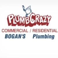 Plumbcrazy logo featuring a smiling water drop cartoon character holding a wrench above a bold 3D red wordmark and the text "COMMERCIAL / RESIDENTIAL BOGAN'S Plumbing" on a white background