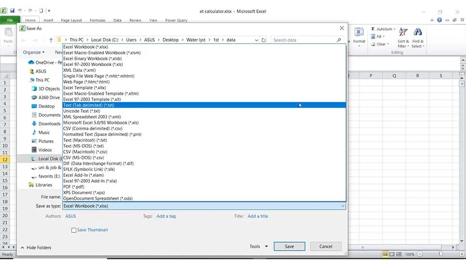 Screenshot: Excel 'Save As' dialog, saving data as Tab-delimited text for ETo Calculator import.