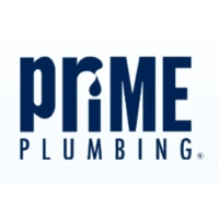 Prime Plumbing logo featuring a thick navy blue "prIME" wordmark where the letter "r" curves into a pipe spout dropping water onto the letter "i", above the word "PLUMBING"