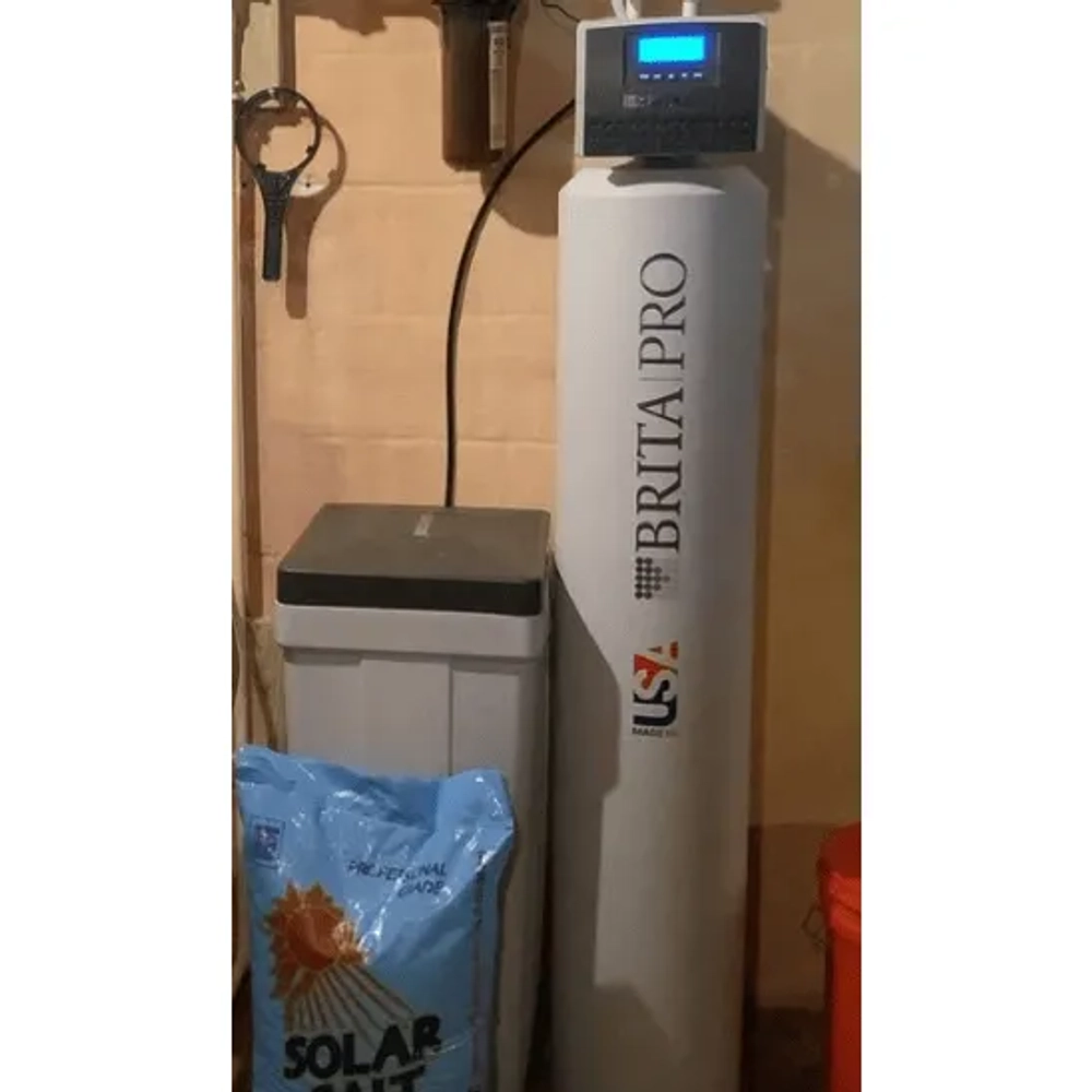 Prime Plumbing thumbnail.png showing a premium Brita PRO whole-home water softener and square brine tank installation