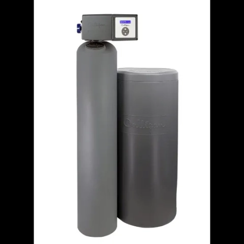 Gray Culligan HE Smart water softener unit with digital control head display and separate brine tank.