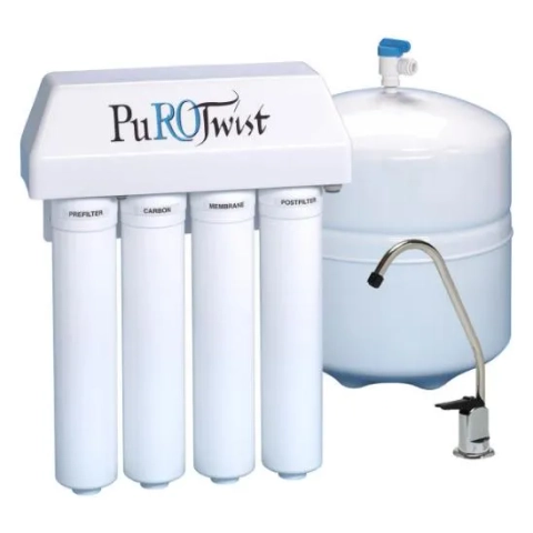 PuROTwist 4-stage RO water filter featuring separate Pre-filter, Carbon, Membrane, and Post-filter cartridges.