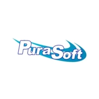 PuraSoft water treatment logo in blue and green, featuring a wave graphic symbol for purification.