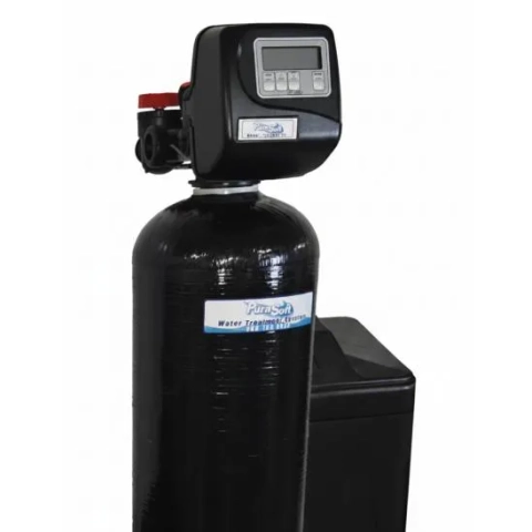 Residential PuraSoft Water Softener, a black unit with a clear digital interface for easy programming.