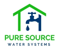 Pure Source Water Systems logo featuring a green house outline enclosing a dark blue water spigot and droplet icon, with stacked green and navy blue typography