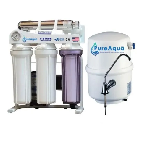 Pure Aqua 5-stage RO water filter system with white pressure storage tank and chrome dispenser faucet