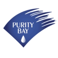 Purity Bay logo featuring a white serif wordmark inside a dynamic blue diamond with motion streaks and a single water droplet icon