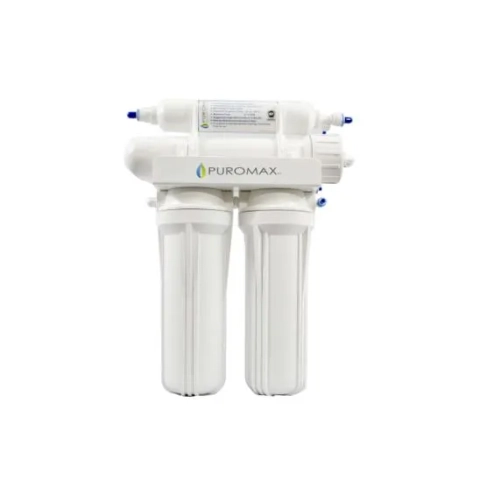 Puromax PC4 RO system; under-sink drinking water filter unit with two large white pre-filter cartridges.