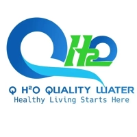 Q H2O Quality Water logo with blue wave and green text: Healthy Living Starts Here slogan
