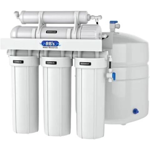 RB's Water Resources 5-stage reverse osmosis system with dual carbon filters and a large storage tank.