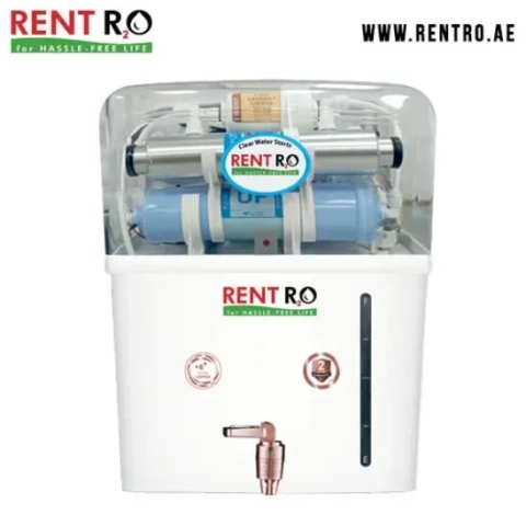 Rent RO Reno countertop water purifier with visible filtration tubes and a premium dispenser tap