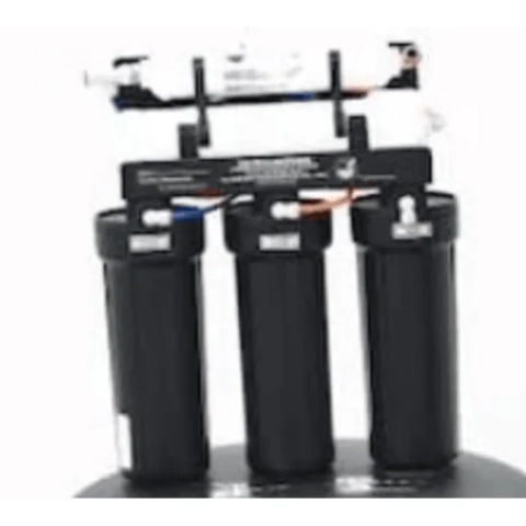 Technical point-of-use residential reverse osmosis drinking water setup mapping out the interconnected fluid pathways, carbon pre-filters, and semi-permeable membrane stages, from Water Works For Life
