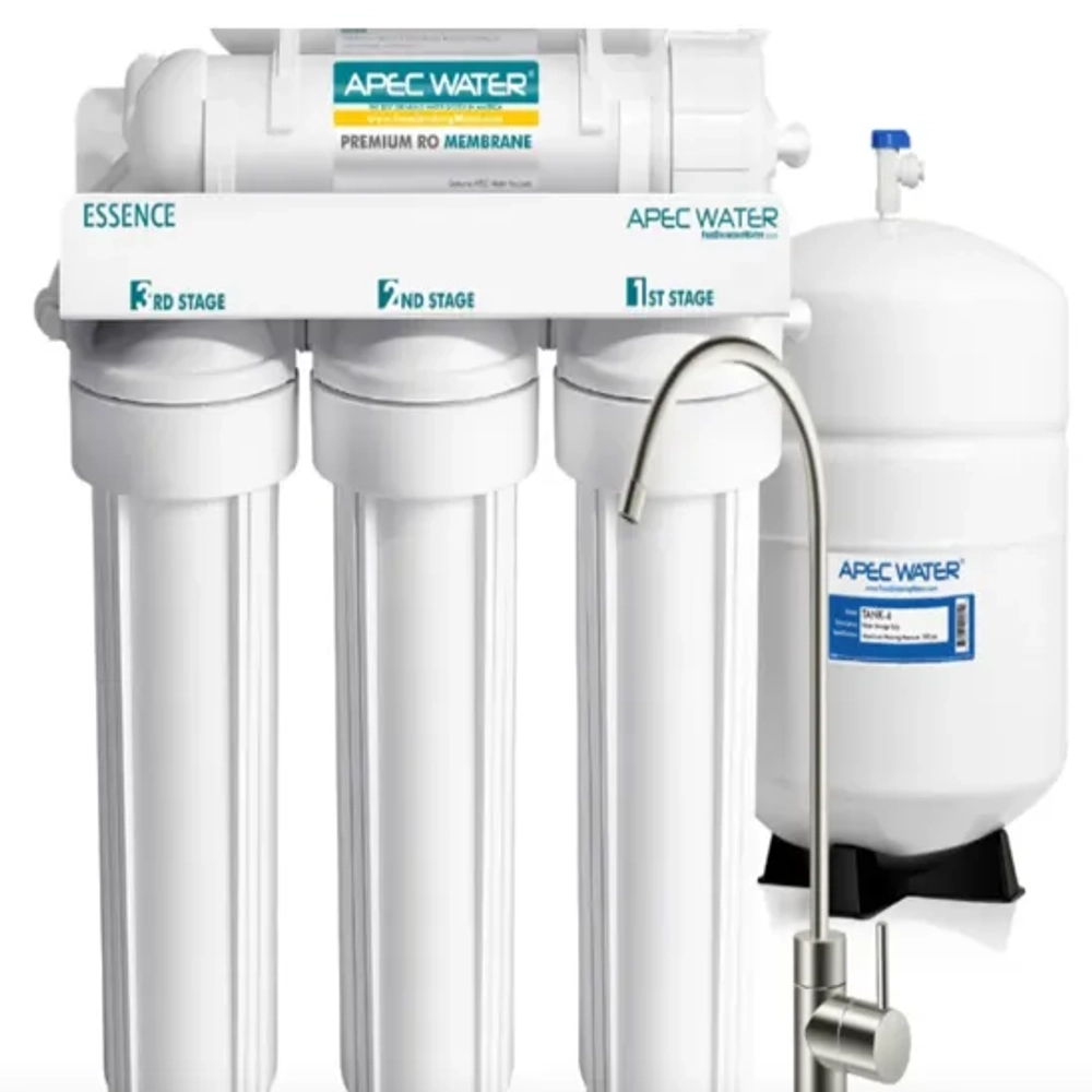 Professional 5-stage under-counter residential reverse osmosis drinking water treatment system engineered with high-capacity sediment and carbon blocks by APEC Water