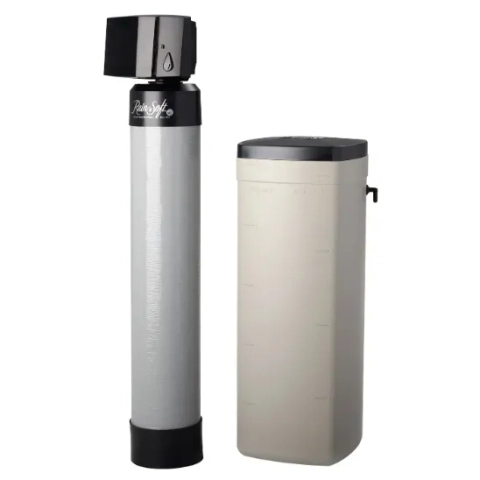 Full view of the RainSoft TC softener with a black control head and separate salt storage tank.
