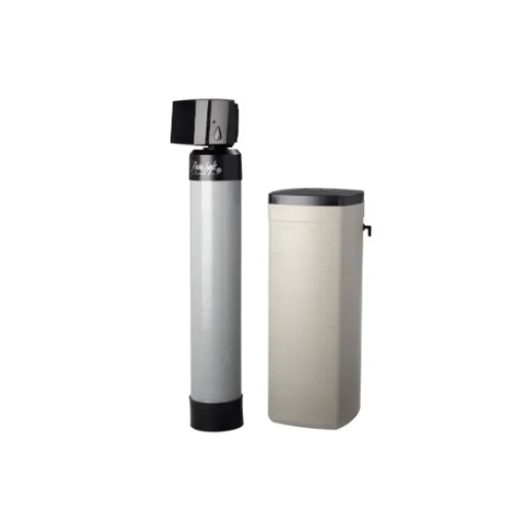 Two-part RainSoft TCM water softening system with black electronic control head and tank.