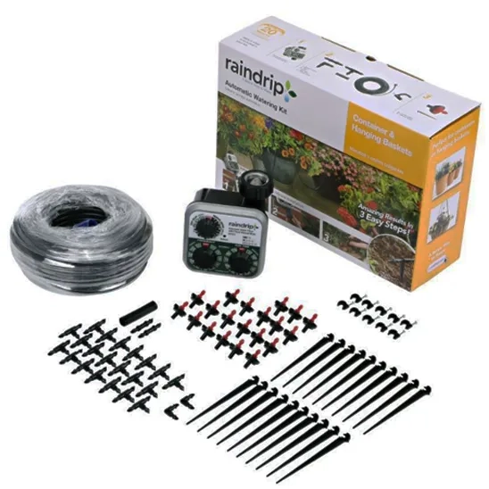 Raindrip R560DP Automatic Drip Irrigation Kit with its accessories.