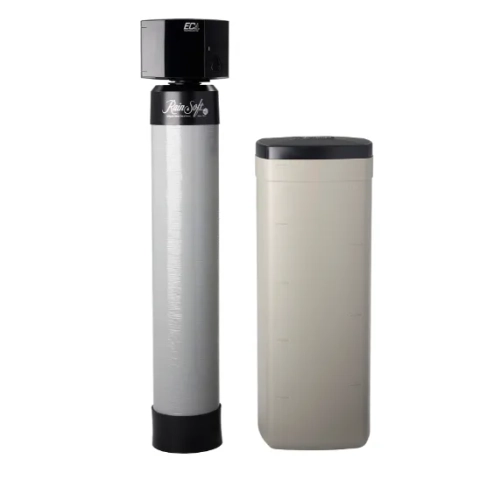 RainSoft EC4 whole house water softener system with digital control valve on a white background.