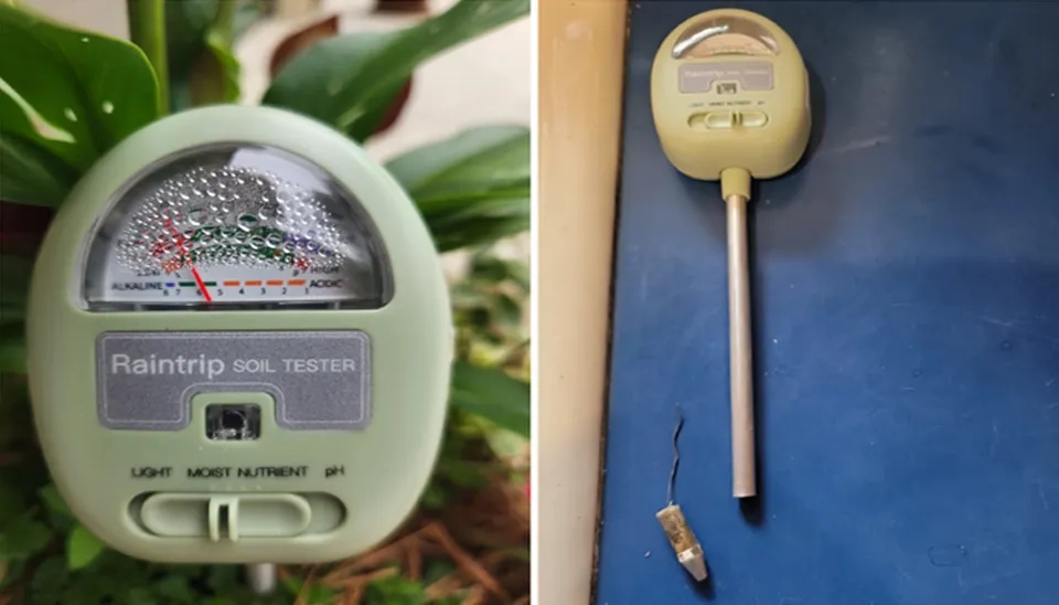 Raintrip 4-in-1 Soil Moisture Meter + Tester for Light, Nutrients, and pH Not well sealed and the water goes through the display (Left) Broke after the first use (Right)