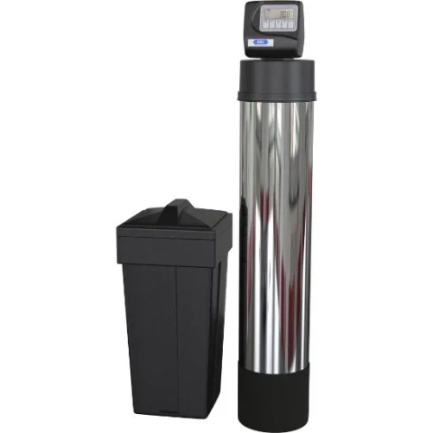 RB's Water Resources water softener with a polished stainless steel tank and smart digital controller.